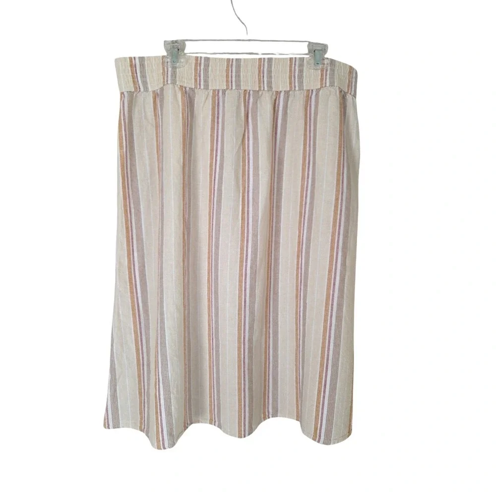 Sonoma Midi Skirt XXL Beige Striped Linen Blend Elastic‎ Pockets Casual Comfort